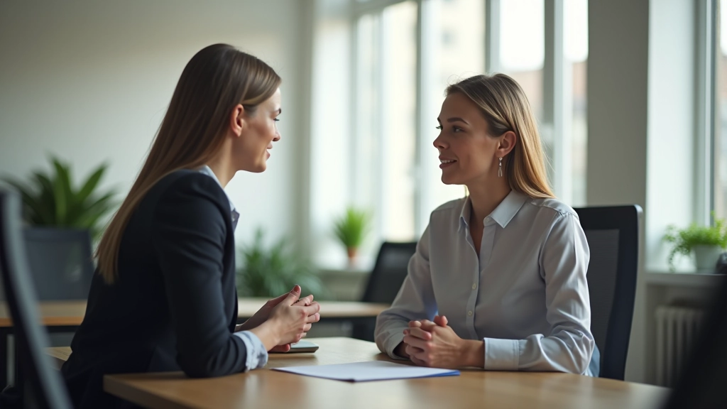 Two professionals having a respectful conversation with notebooks and coffee
