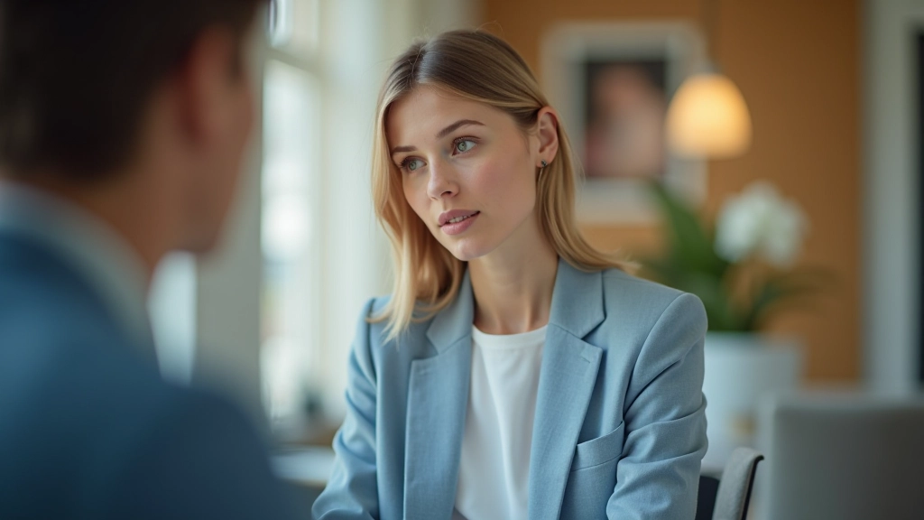 Woman in professional setting having a focused conversation with another person